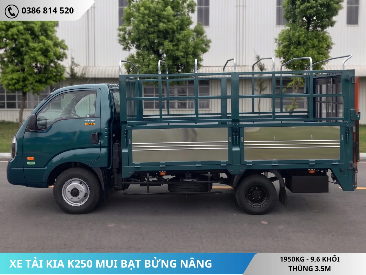 Xe tải Kia K250 mui bạc bửng nâng màu rêu