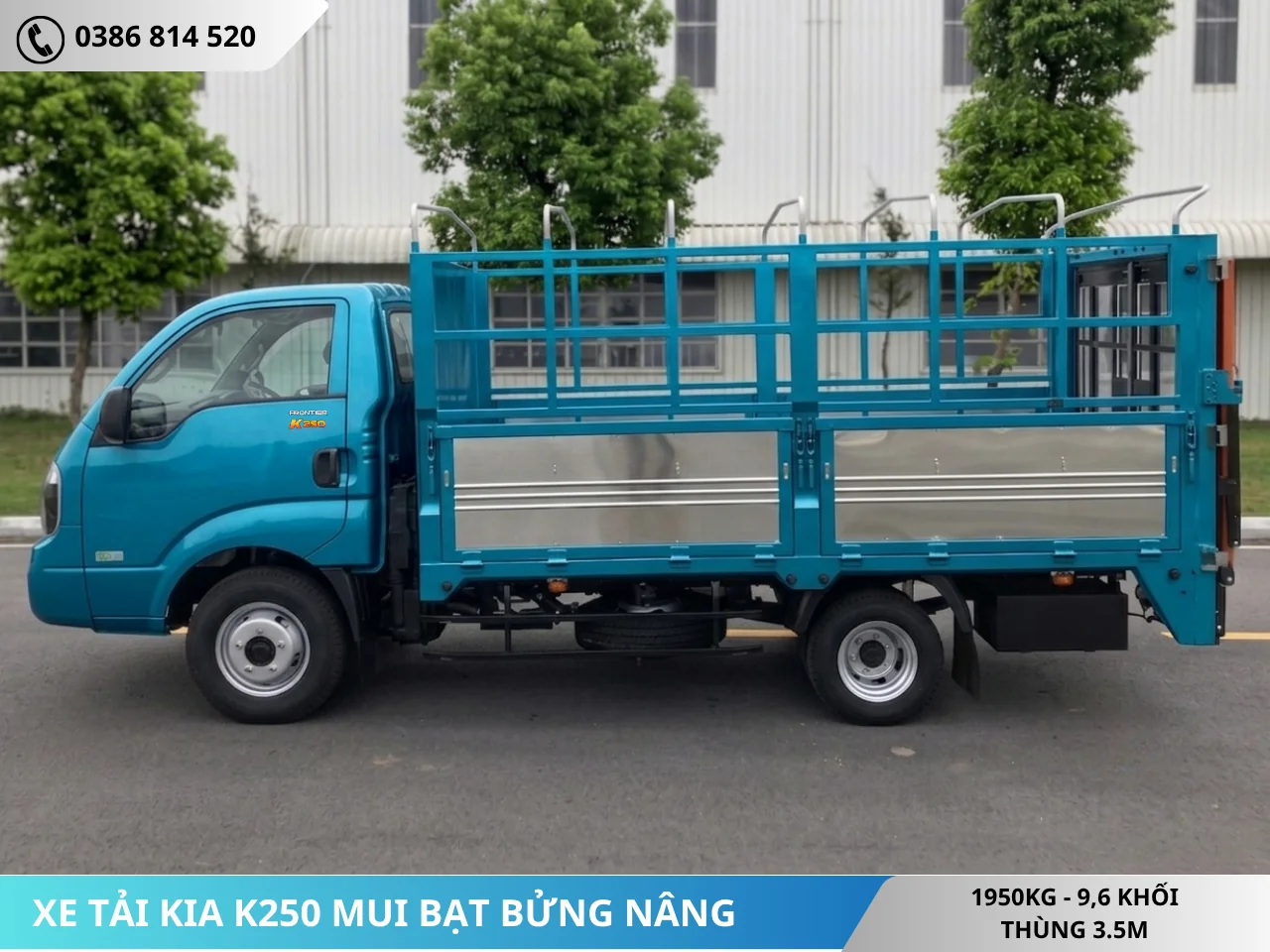 Xe tải Kia K250 mui bạc bửng nâng màu xanh dương