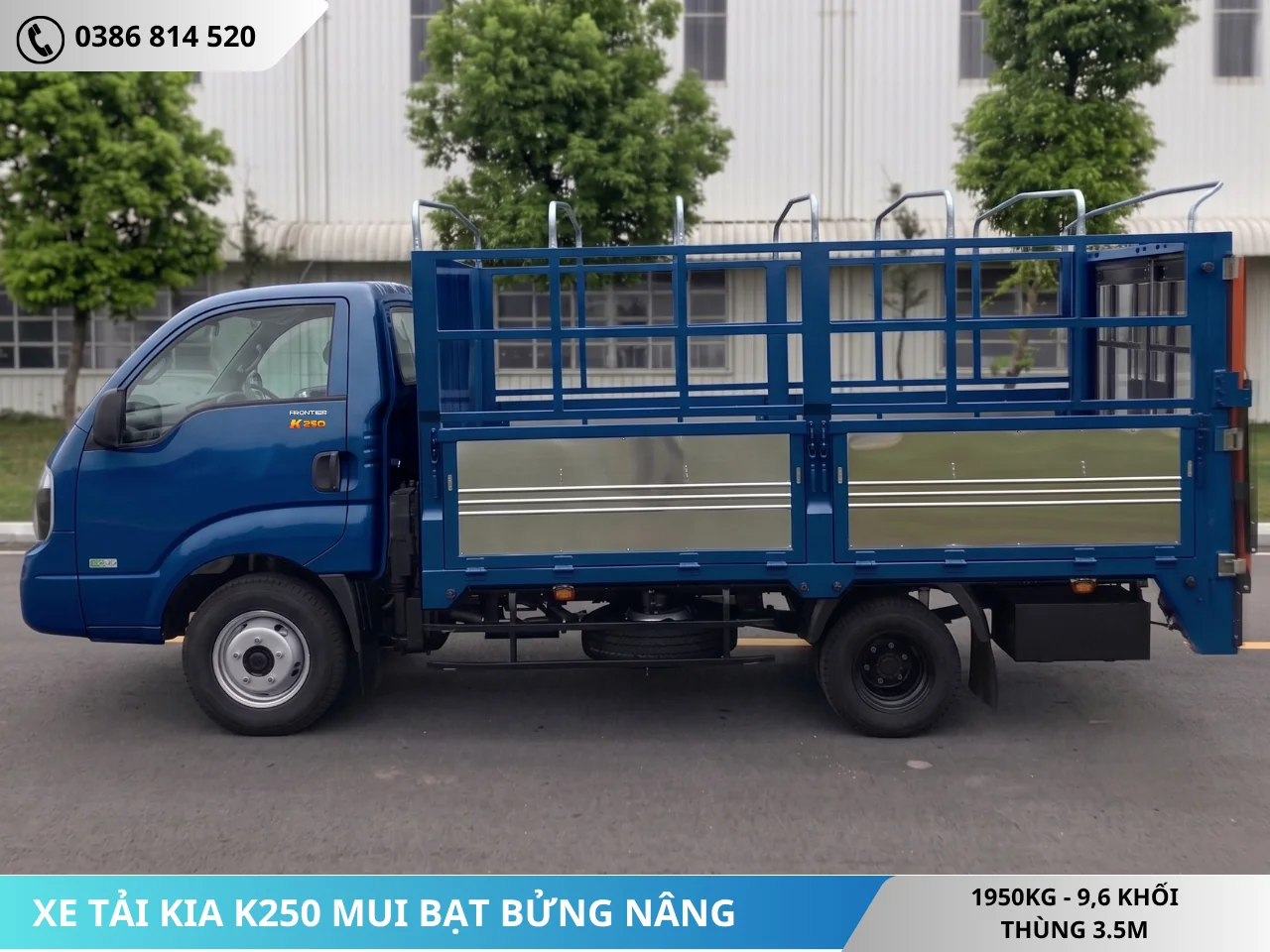 Xe tải Kia K250 mui bạc bửng nâng màu xanh đậm