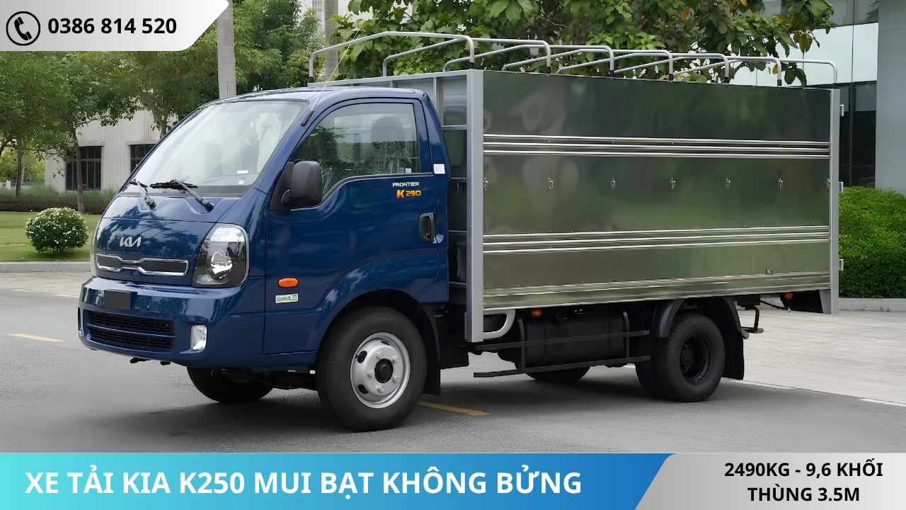 Xe tải Kia K250 thùng mui bạt không bửng màu xanh đậm