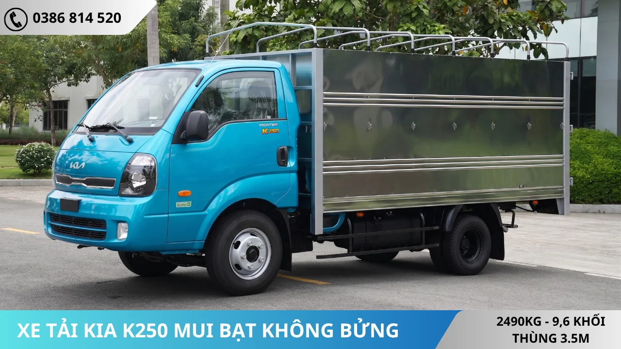 Xe tải Kia K250 thùng mui bạt không bửng màu xanh dương