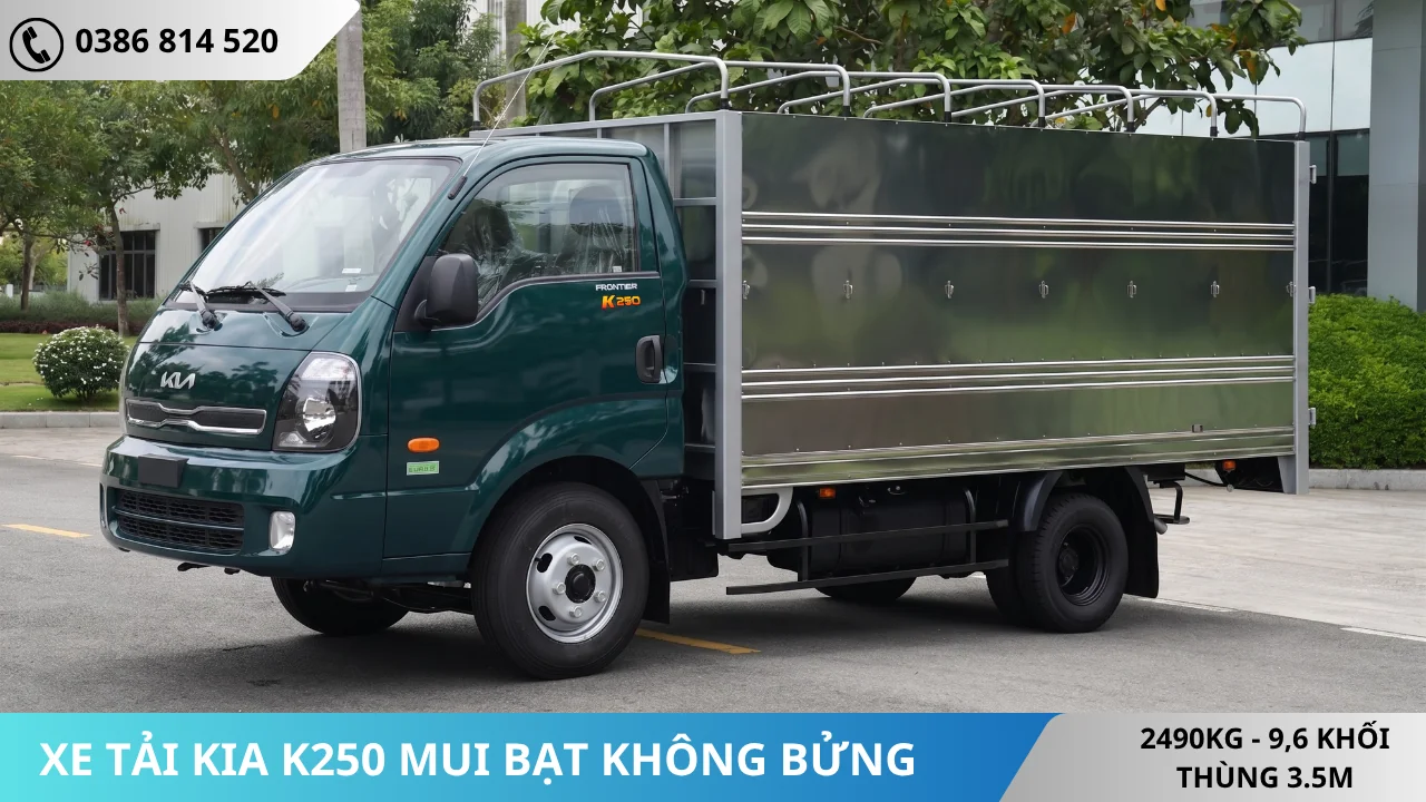 Xe tải Kia K250 thùng mui bạt không bửng màu rêu