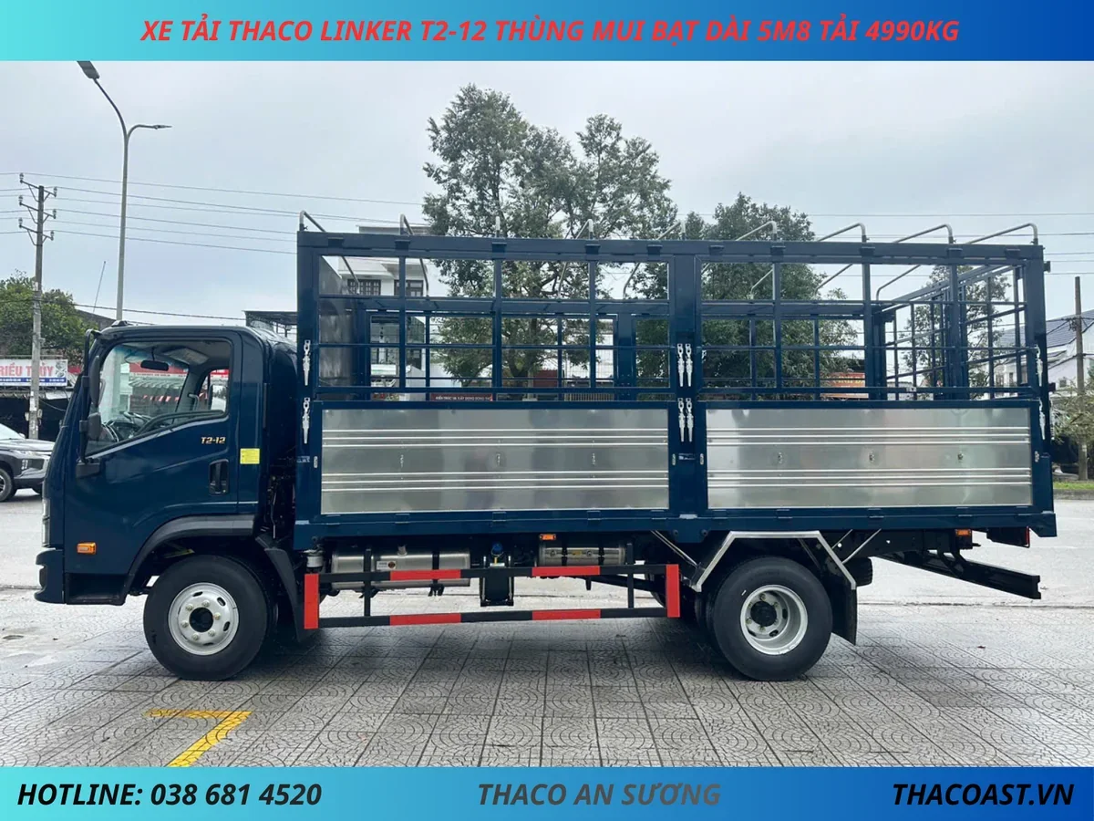 XE TẢI THACO LINKER T2-12 THÙNG MUI BẠT DÀI 5M8 TẢI 4990KG (4) XE TẢI 5 TẤN THACO LINKER T2-12 THÙNG MUI BẠT DÀI 5M8 MÀU XANH