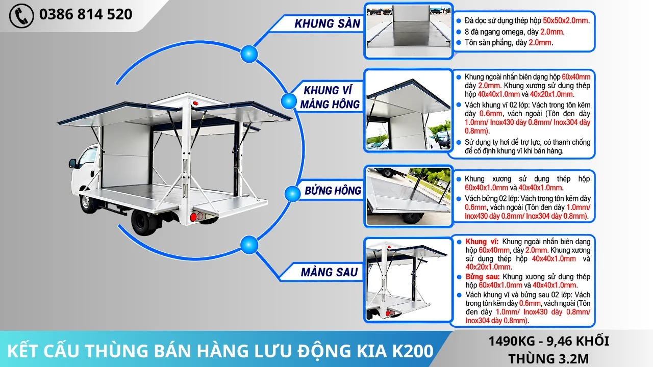 Kết cấu Thùng xe Kia K200 bán hàng lưu động