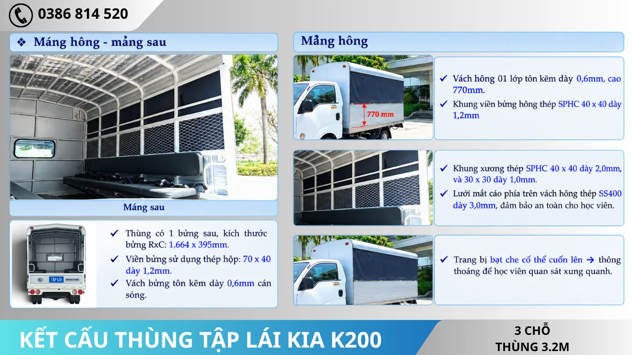 Kết cấu thùng xe tải Kia K200 tập lái 