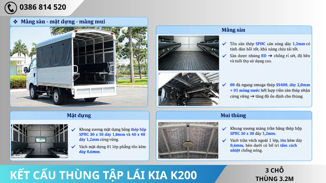 Kết cấu thùng xe tải Kia K200 tập lái 