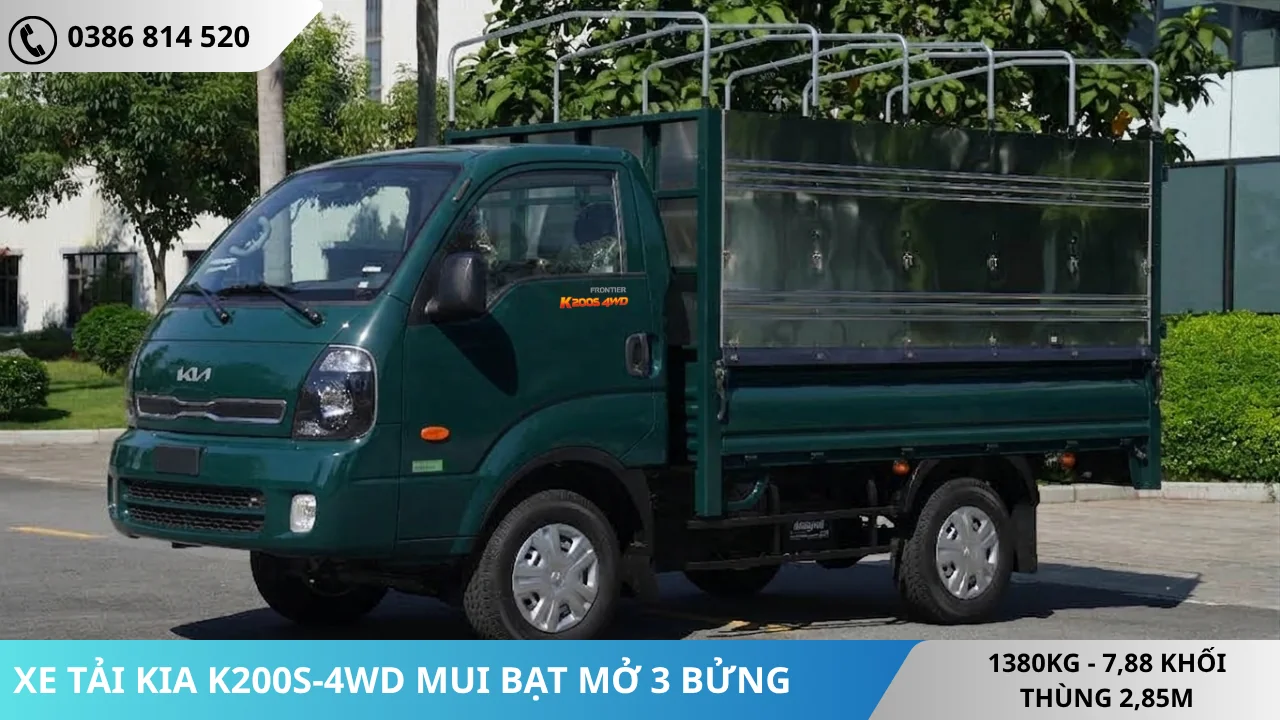 XE TẢI KIA K200S-4WD THÙNG MUI BẠT MỞ 3 BỬNG MÀU RÊU