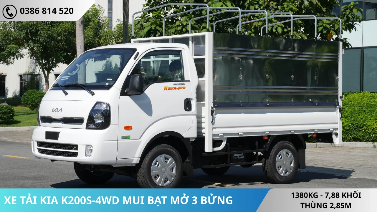 XE TẢI KIA K200S-4WD THÙNG MUI BẠT MỞ 3 BỬNG MÀU TRẮNG