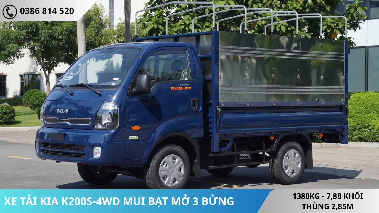 XE TẢI KIA K200S-4WD THÙNG MUI BẠT MỞ 3 BỬNG MÀU XANH