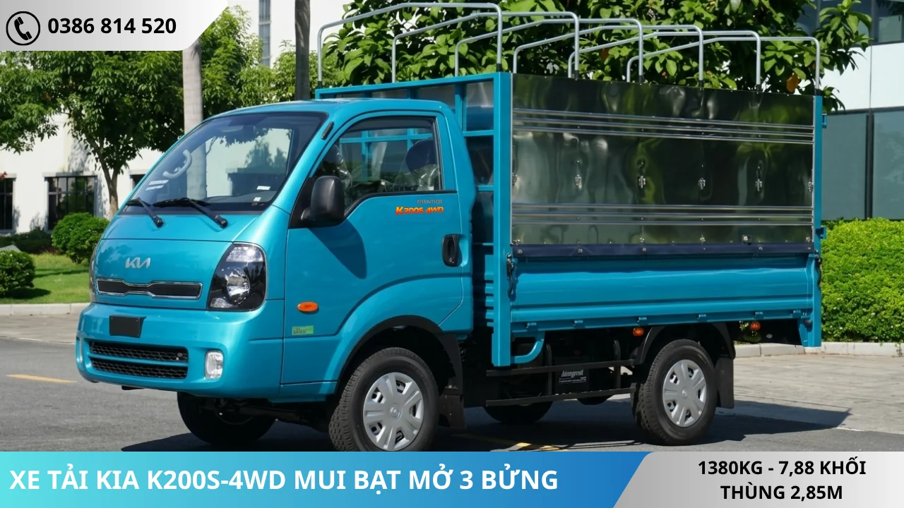 XE TẢI KIA K200S-4WD THÙNG MUI BẠT MỞ 3 BỬNG MÀU XANH DƯƠNG