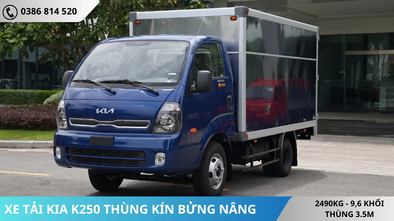 Xe tải Kia K250 thùng kín bửng nâng màu xanh đậm