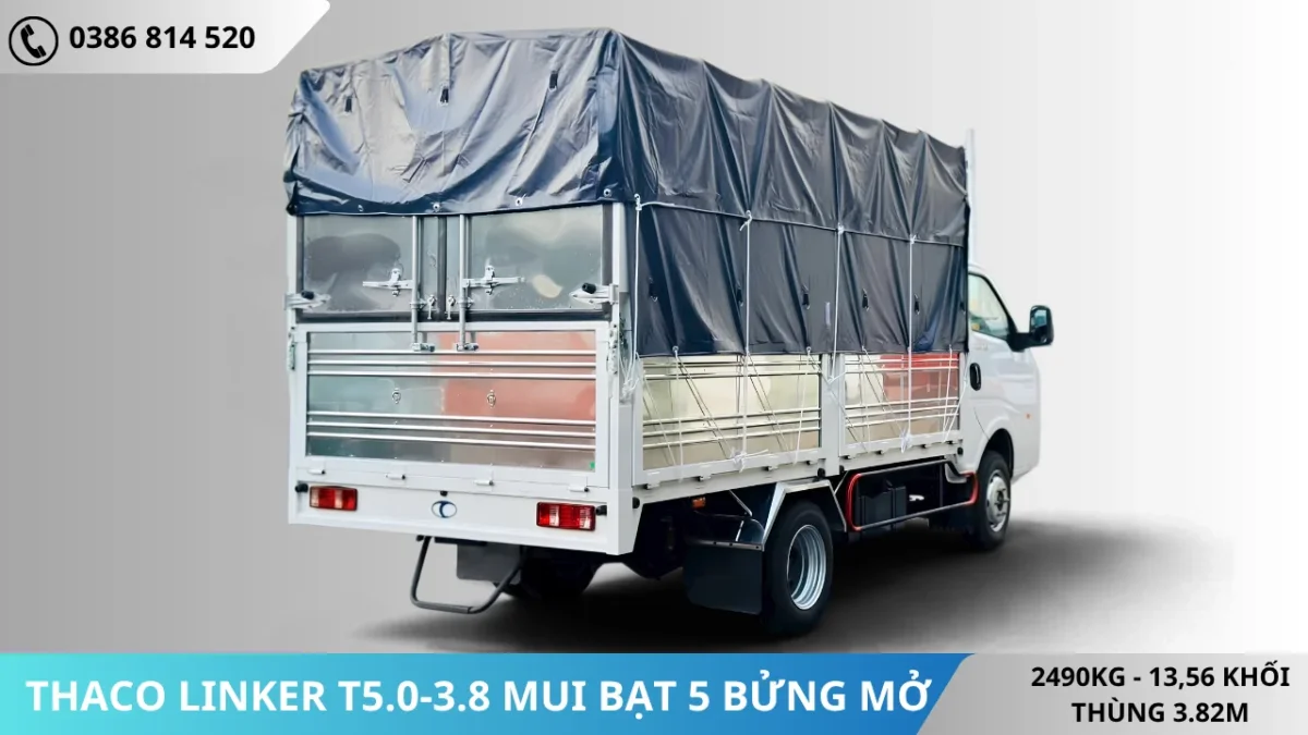 Đuôi xe Thaco Linker T5.0-3.8 mui bạt 5 bửng mở Xe tải Thaco Linker T5.0-3.8 mui bạt 5 bửng mở