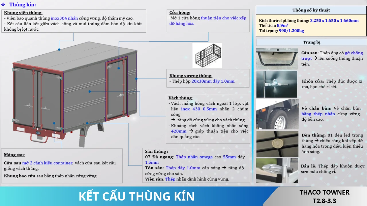 Kết cấu thùng kín xe tải Thaco Towner T2.8-3.3