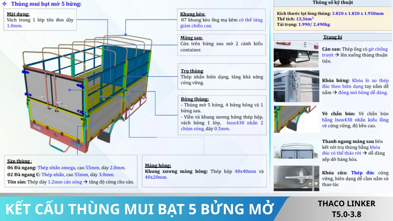 Kết cấu thùng mui bạt 5 bửng Thaco Linker T5.0-3.8