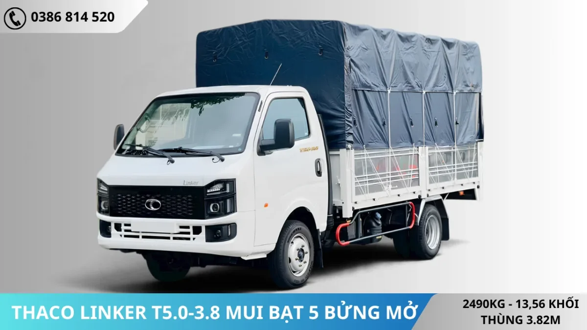 Thaco Linker T5.0-3.8 mui bạt 5 bửng mở màu trắng Thaco Linker T5.0-3.8 mui bạt 5 bửng mở màu trắng