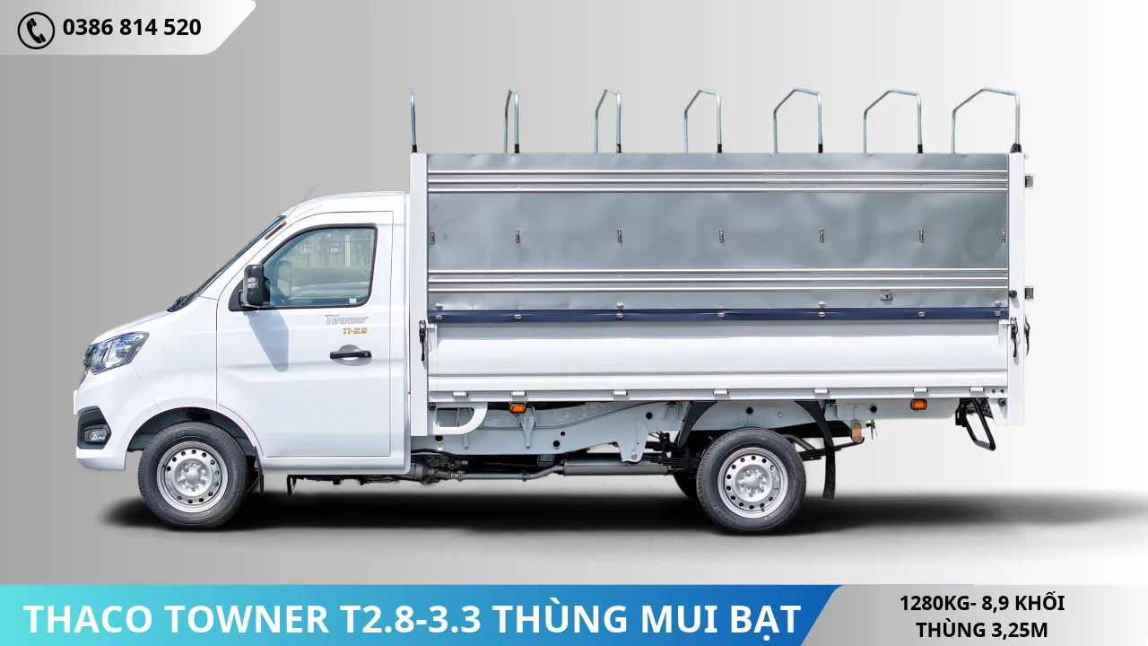 Mặt bên Thaco Towner T2.8-3.3 thùng mui bạt tải 1T28