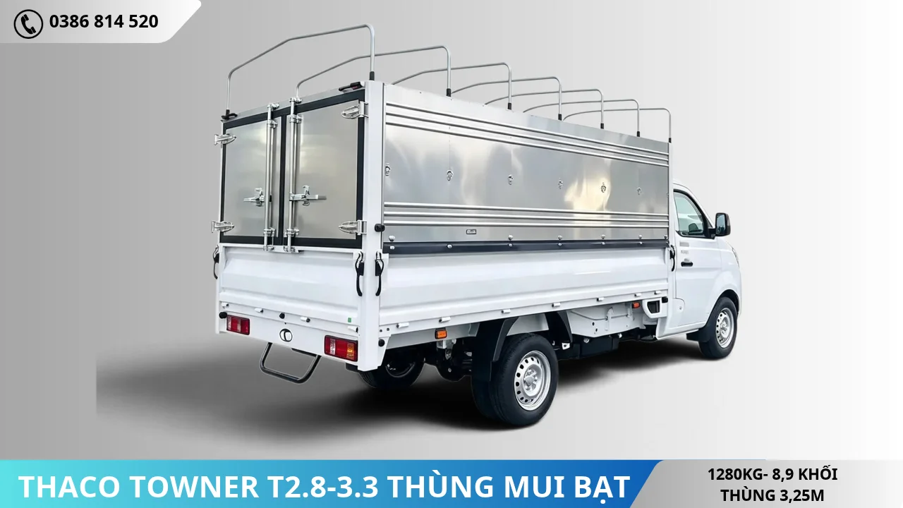 Đuôi xe Thaco Towner T2.8-3.3 thùng mui bạt tải 1T28