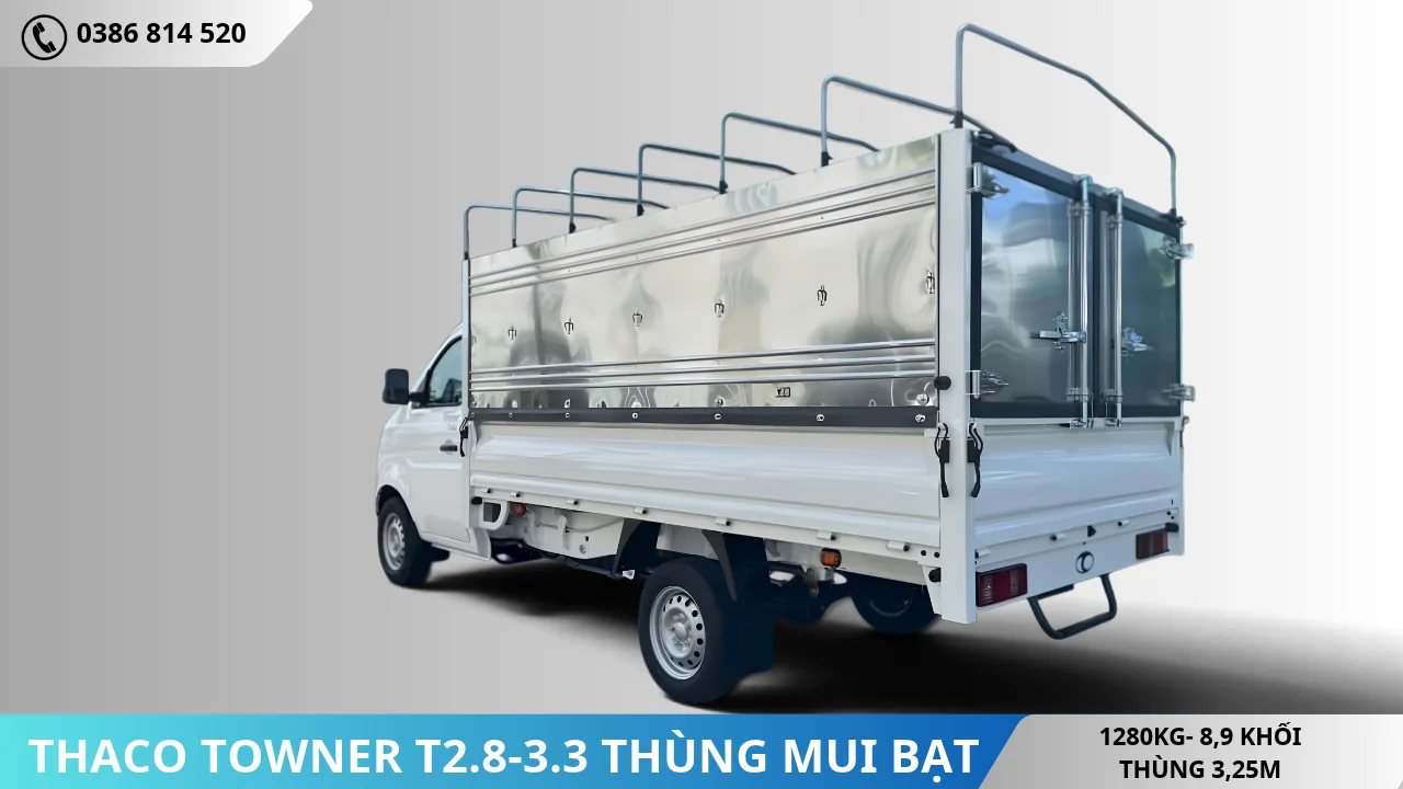Đuôi xe Thaco Towner T2.8-3.3 thùng mui bạt tải 1T28