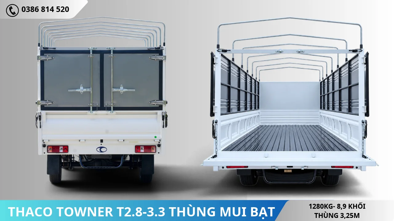 Mặt sau Thaco Towner T2.8-3.3 thùng mui bạt tải 1T28